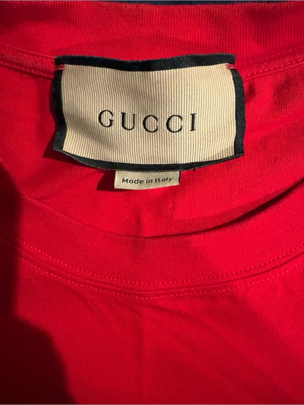 Gucci Red Short Sleeve Tee with White and Navy Graphic